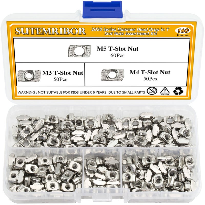 Sutemribor 160 Pieces 2020 Series T Nuts, M3 M4 M5 T Slot Nut Hammer Head Fastener Nut for Aluminum Profile - Image 1